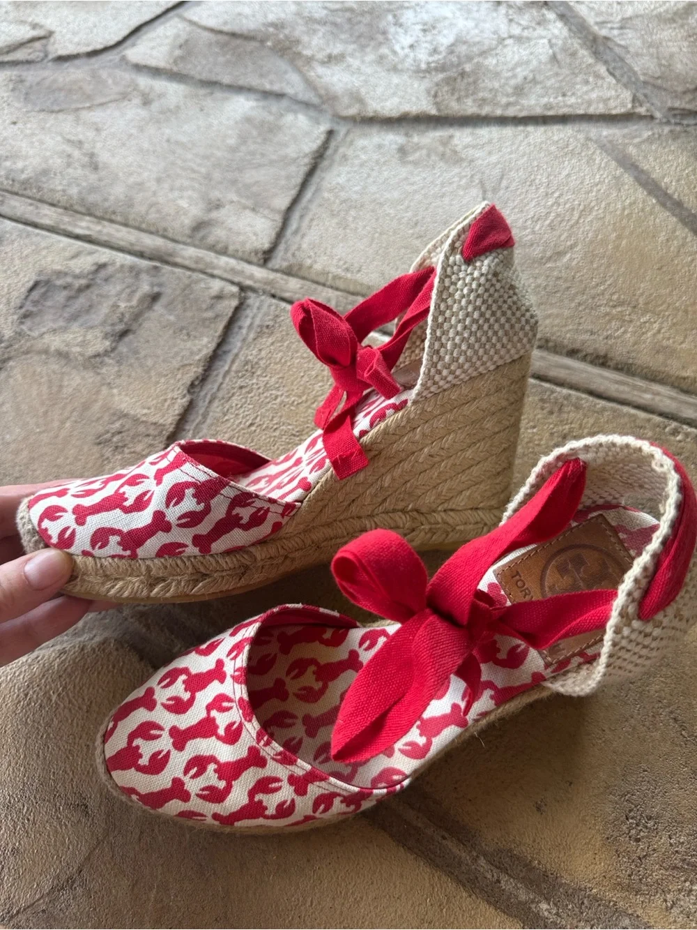 Tory Burch Lobster Print Wedge Wrap Espadrilles Ankle Tie Canvas EU 35 US 5